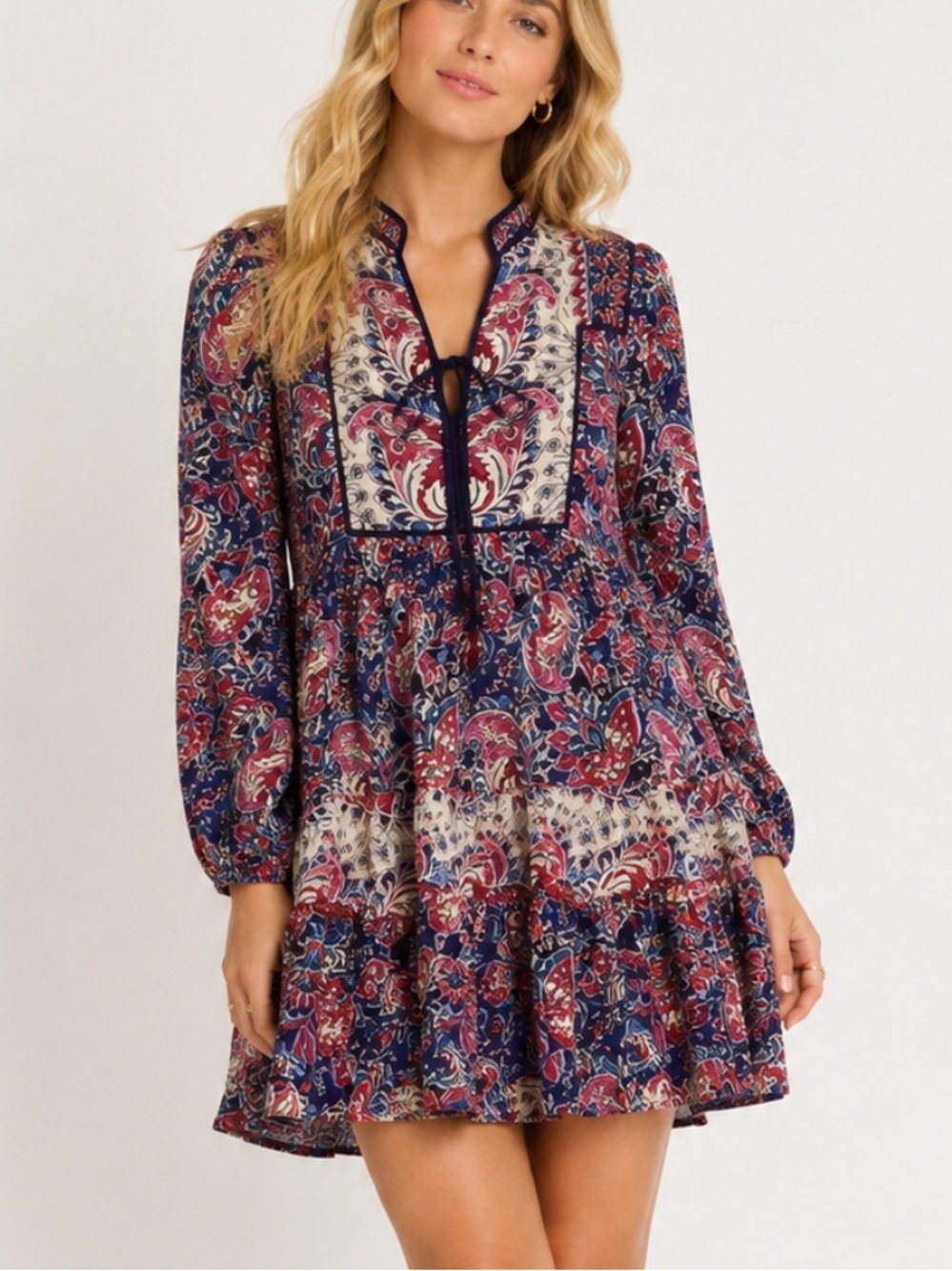 Anthropologie Paisley Boho Mini Dress Small Pink Blue Long Sleeve 8460